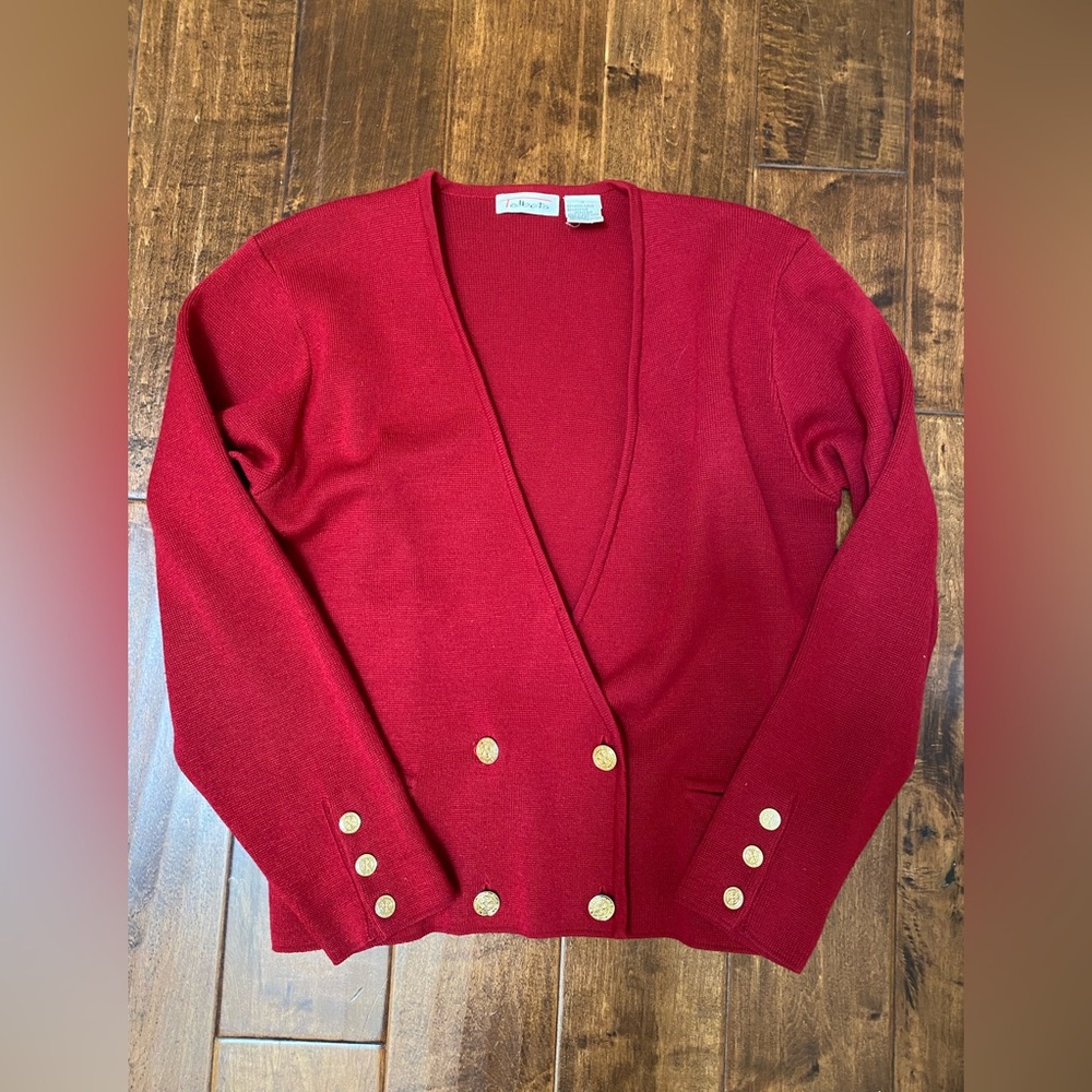 Talbots Deep Red Double-Breasted Knit Cardigan with Gold Buttons